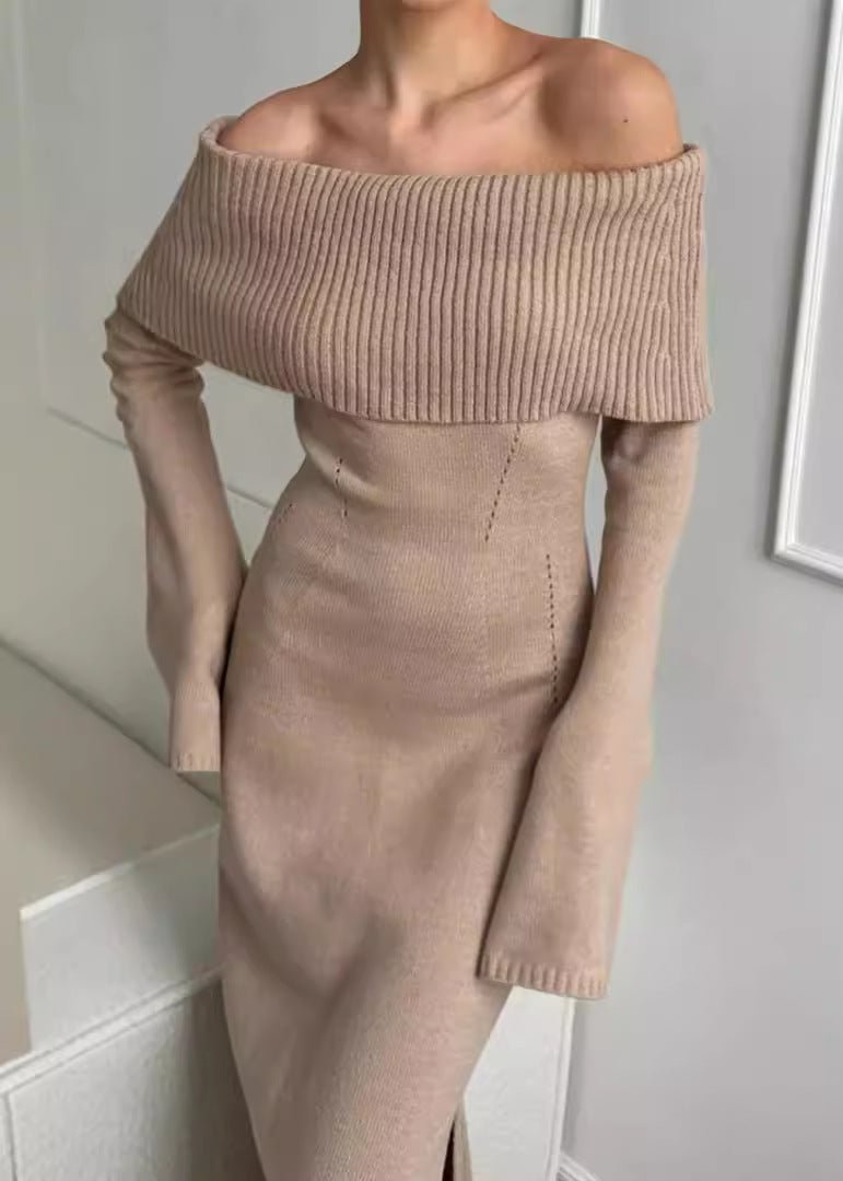 Off-shoulder Elegance - Ribbed Knit Maxi Dress