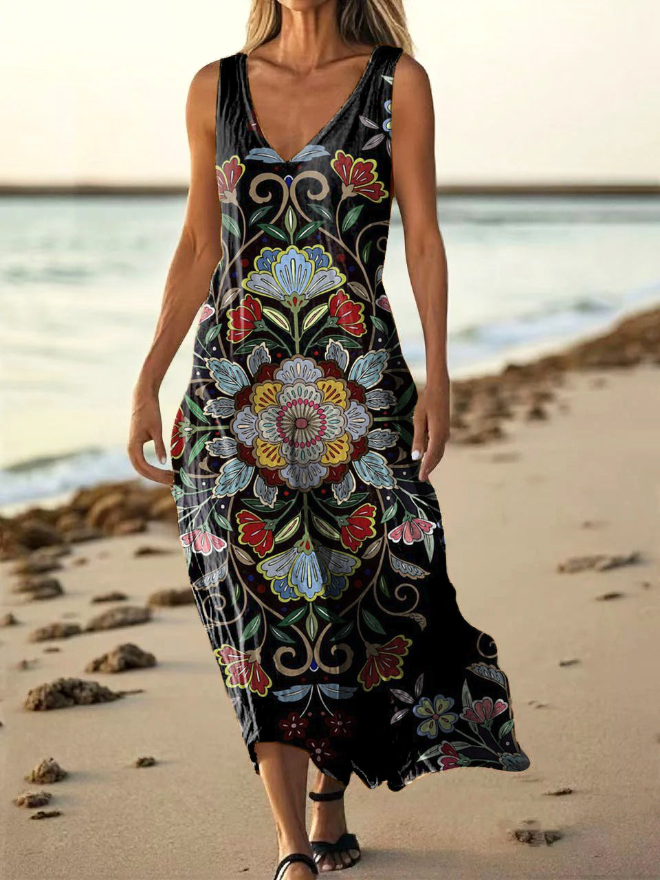 Women's Folk Totem Floral Art Pattern Print V-neck Sleeveless Pocket C