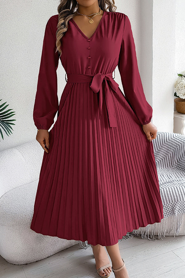 Color V-neck Buttoned Lace-up Pleated Maxi Dress