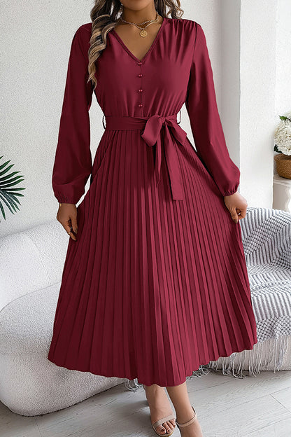 Color V-neck Buttoned Lace-up Pleated Maxi Dress