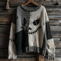 Halloween Spooky Face Contrast Stitched Cozy Knit Sweater artswardrobe