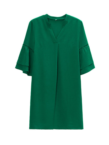 Loose Short Sleeves Falbala Color V-neck Mini Dresses