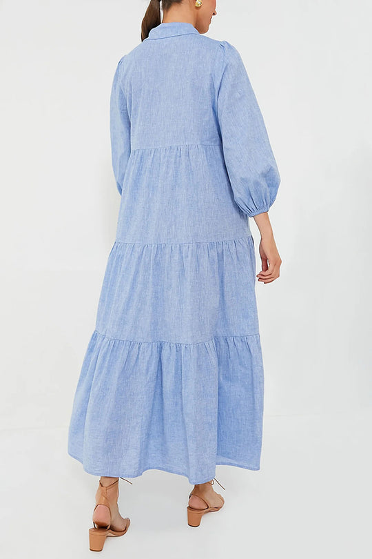 Color Lapel Elastic Cuffs Loose Maxi Dress