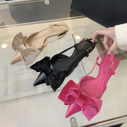 Design Big Butterfly Knot Flat Mules Sandals Cozy Patent Leather Pointed Toe Back Strap Shoes
