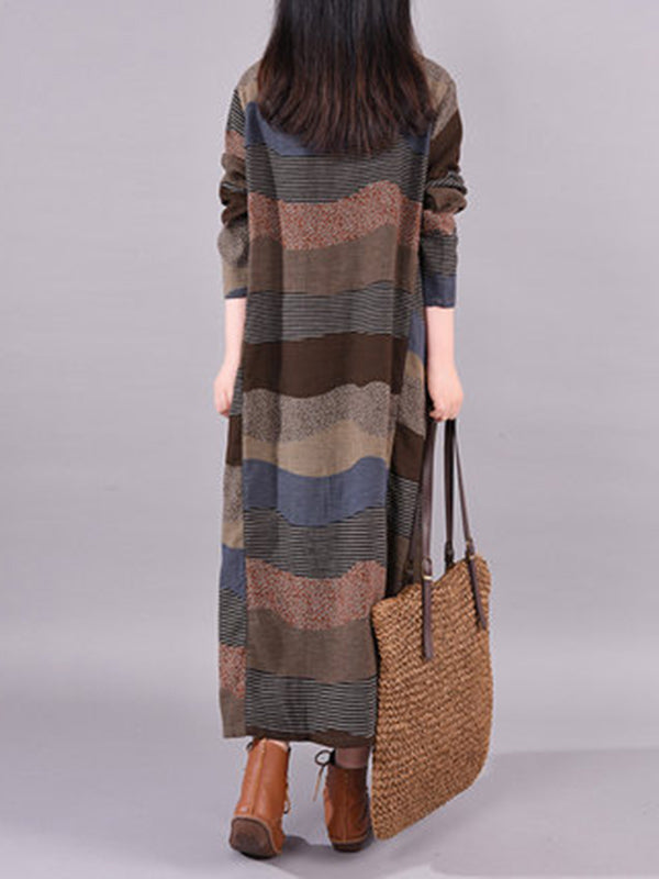 Artistic Retro Loose Ramie Cotton Striped Multi-colored Round-neck Long Sleeves Midi Dress