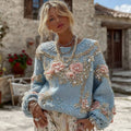 Comstylish Women's Vintage Embroidery Rose Art Knit Cozy Sweater
