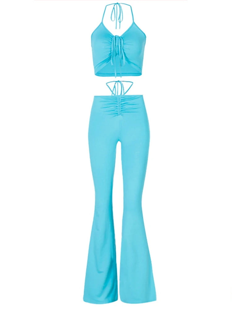 New Two Piece Set for Halter Top and Pants Drawstring Matching Sets Blue High Waist Hollow Out Outfits