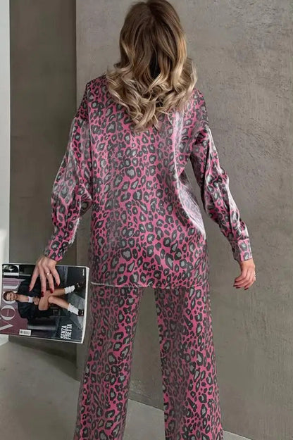 Leopard Print Long-sleeved Top and Loose Elastic Waist Tie Pants Set