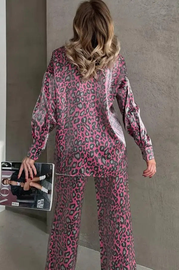 Leopard Print Long-sleeved Top and Loose Elastic Waist Tie Pants Set