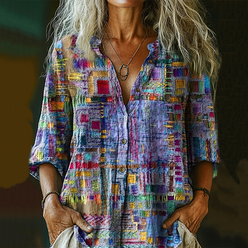 Women's Retro Ethnic Style Patchwork Art Print Casual Cotton And Linen Shirt elevenforest