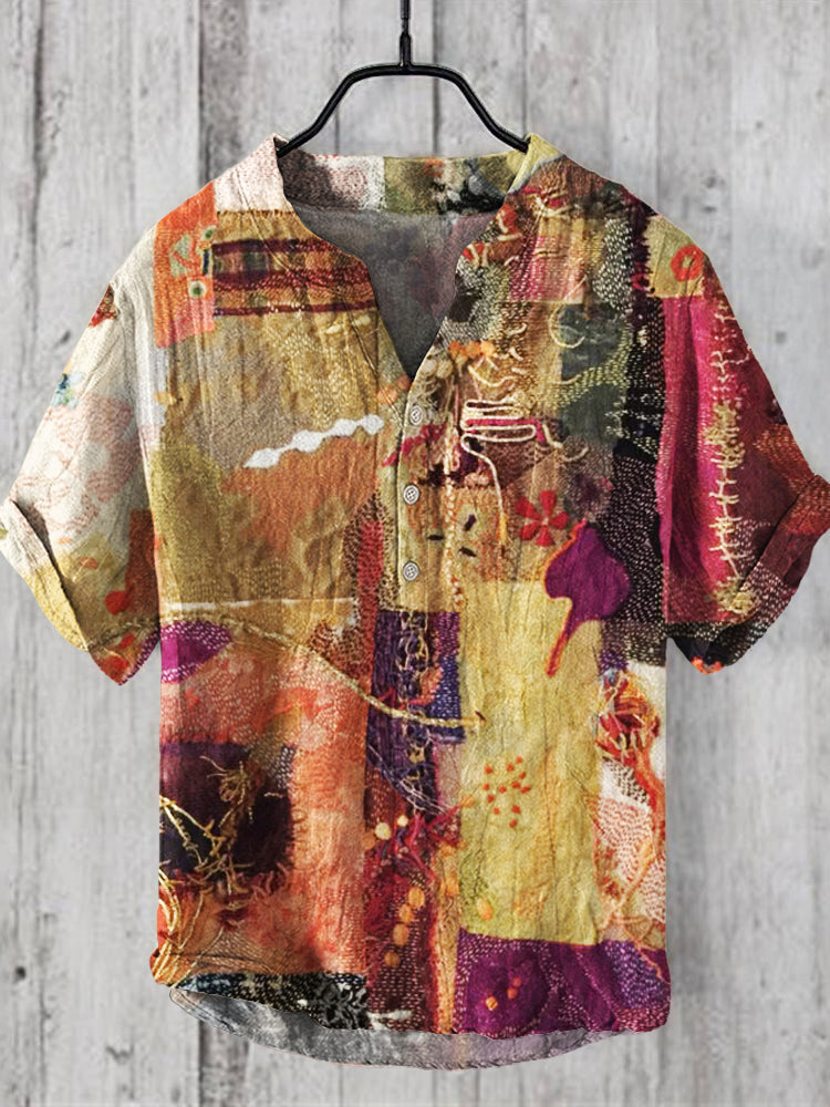 Vintage Boho Floral Patchwork Print Men's Linen V-neck Shirt elevenforest