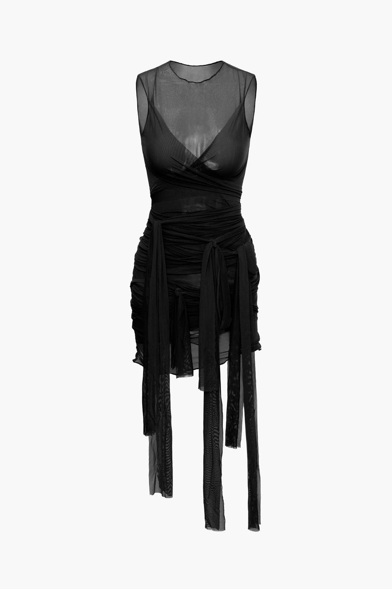 Color Sheer Mesh Wrap Tie Ribbon Mini Dress