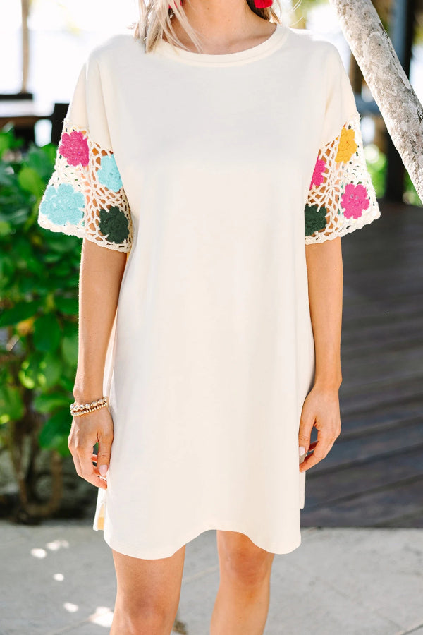 White Crochet Splicing Sleeve T-shirt Dress
