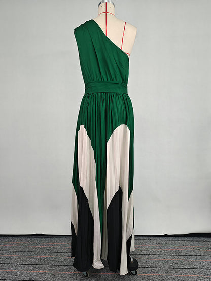 Sleeveless Asymmetric Pleated Printed One-shoulder Maxi Dresses