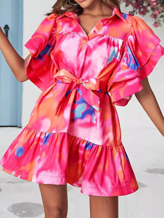 Loose Ruffle Sleeves Buttoned Leaves Print Split-joint Tied Waist Tie-dyed Lapel Mini Dresses
