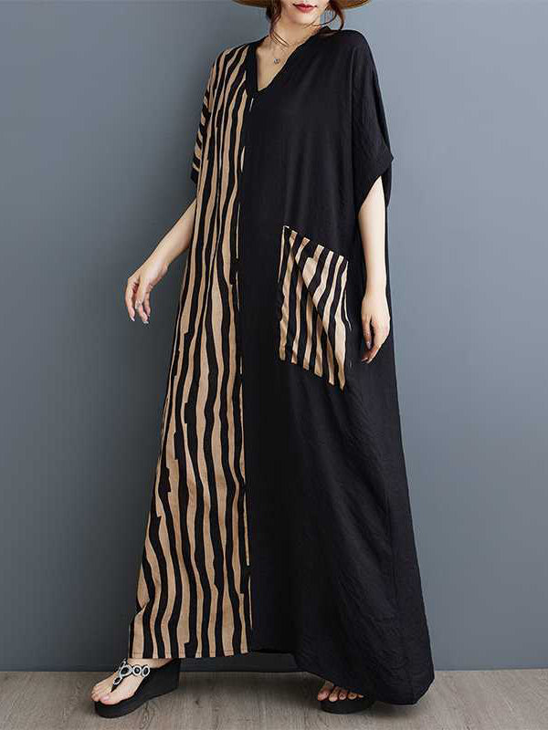 A-line Batwing Sleeves Contrast Color Pockets Split-joint Striped V-neck Maxi Dresses