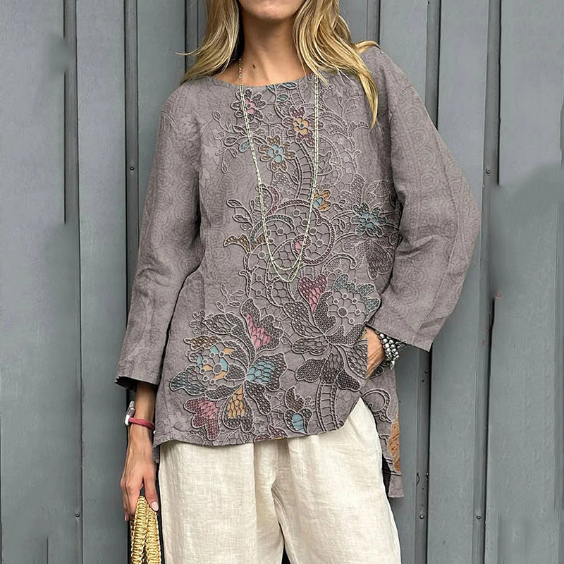 Comstylish Women's Vintage Floral Print Casual Linen Shirt