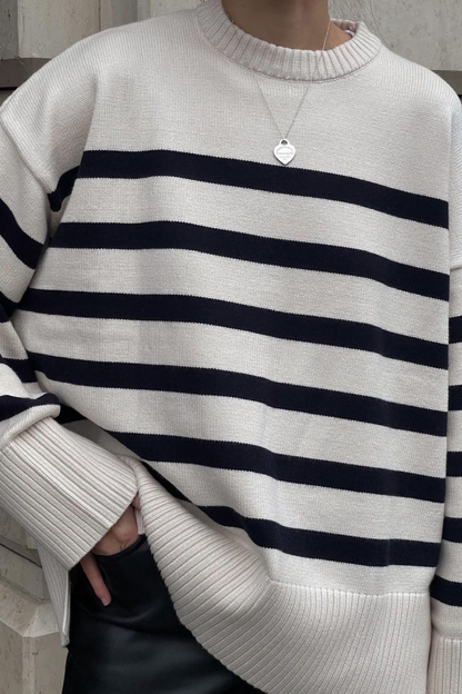 Striped Long Sleeve Crew Neck Pullover Knitted Sweater