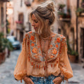 Women's Orange Rose Embroidery Casual V-neck Shirt elevenforest