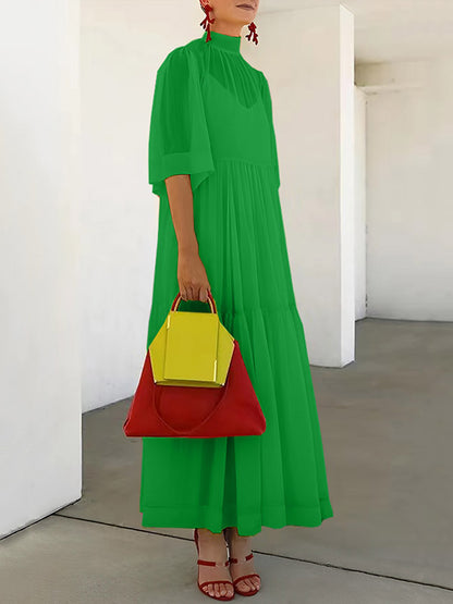 Loose Color Split-joint Inner Dress + Mesh Pleated Mock Neck Outer Dress Two Pieces Set