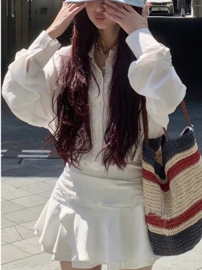 Y2k Shirt Mini Dress Long Sleeve Ruffles A-line Korean New Spring Summer Clothing