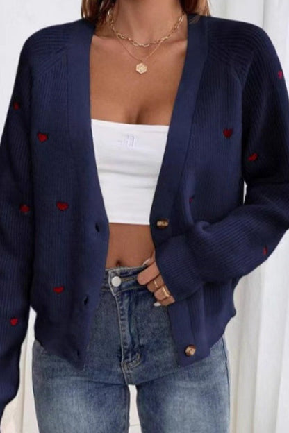 Heart Embroidery V Neck Cardigan