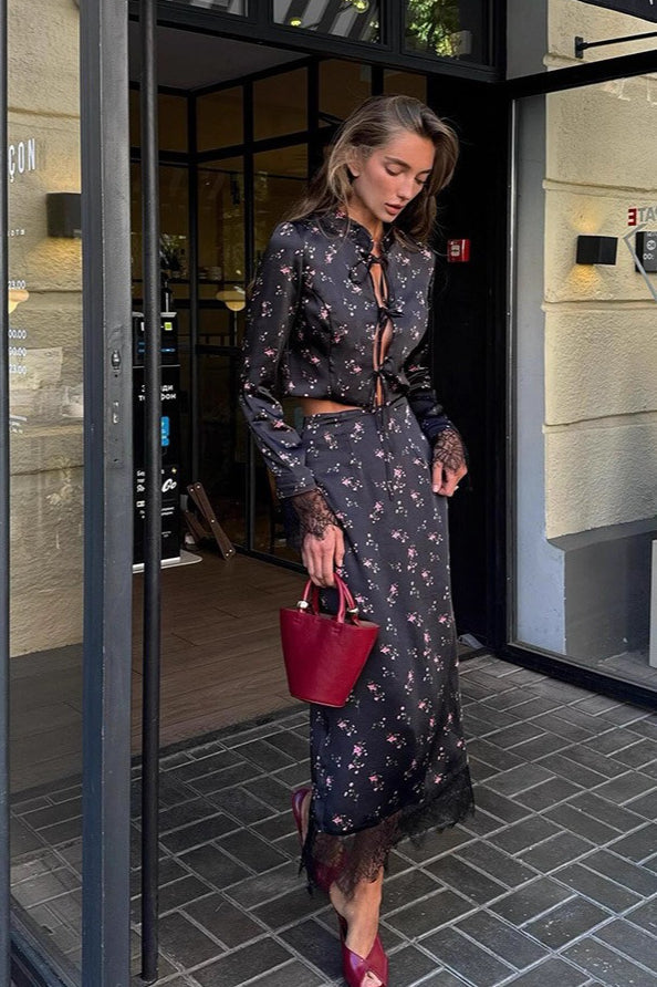 Button Front Long Sleeve Blouse Skirt Set
