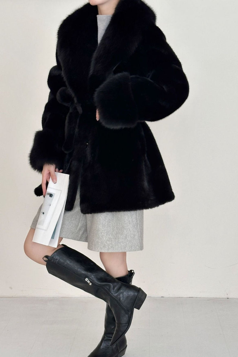 Faux Animal Fur Suede Mid-length Notch Collar Tie Waist Coat