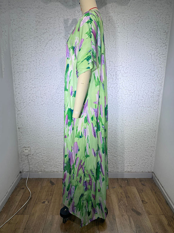 Loose Short Sleeves Multi-colored Printed V-neck Maxi Dresses