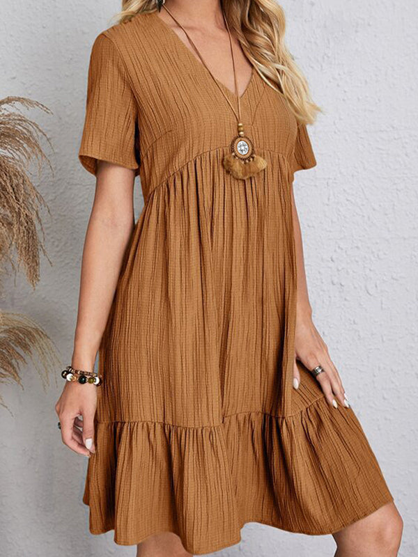 A-line Loose Pleated Color Split-joint V-neck Mini Dresses