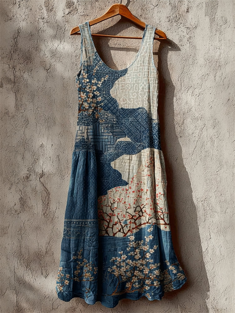 Cherry Blossom Sea Waves Japanese Sashiko Art Linen Maxi Dress elevenforest