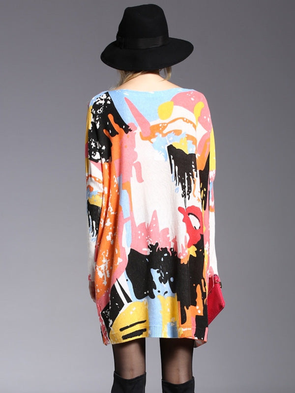 Wool Blend Contrast Color Printed Sweater