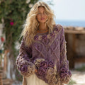 Women's Boho Rose Chunky Knit Crew Neck Aran Sweater artswardrobe