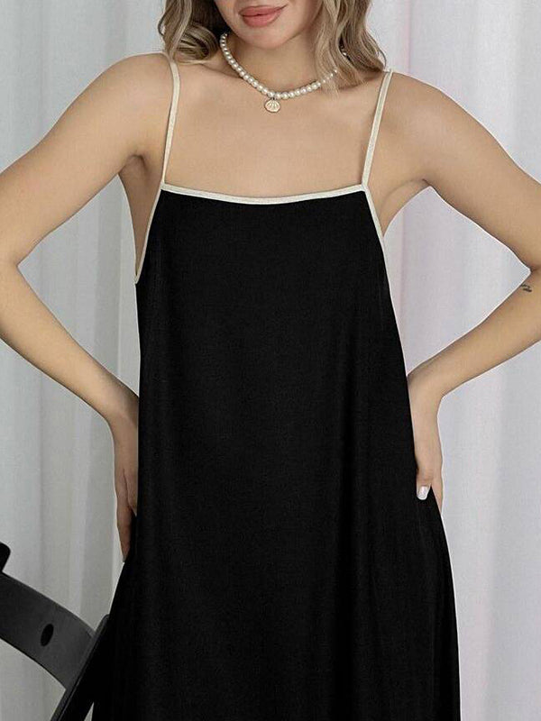 A-line Loose Split-joint Spaghetti-neck Maxi Dresses