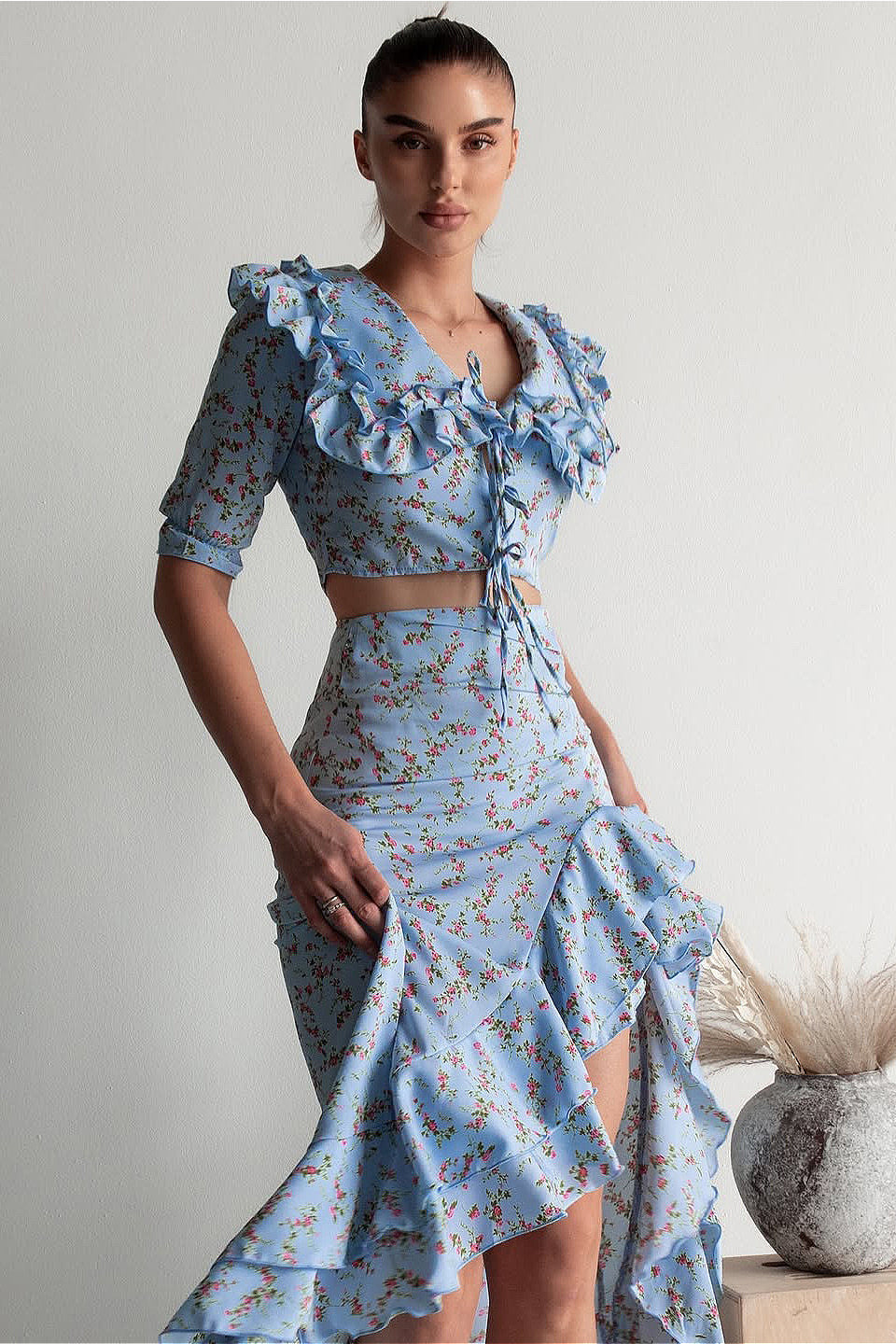 Light Blue Ruffled Split Midi Skirt Two Piece Set