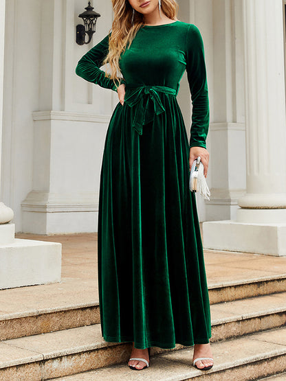 Long Sleeves Wrap Belted Pleated Color Zipper Round-neck Maxi Dresses