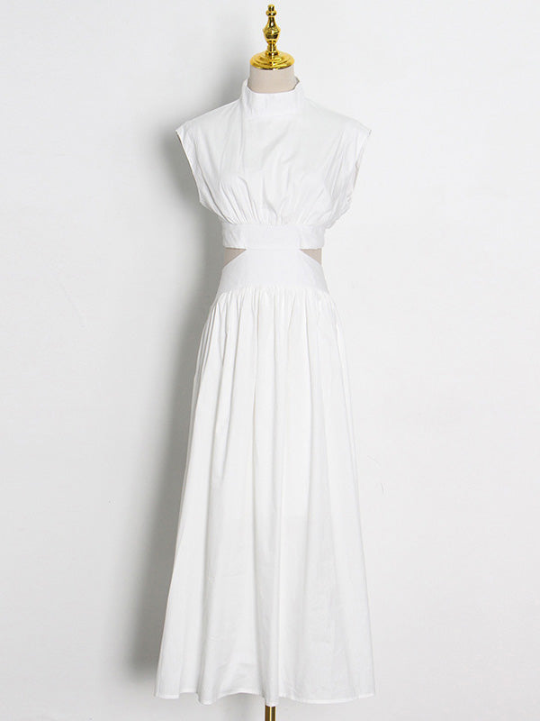 Vacation Loose Sleeveless Hollow Color Stand Collar Maxi Dresses