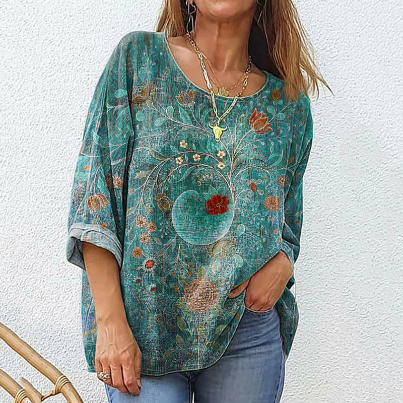 Women's Retro Ethnic Floral Print Casual Cotton And Linen Shirt elevenforest