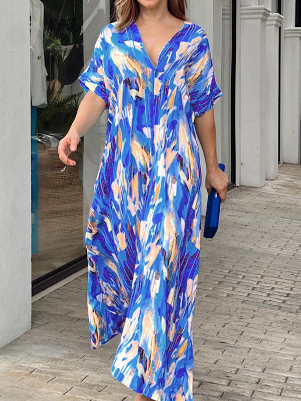 Loose Short Sleeves Multi-colored Printed V-neck Maxi Dresses