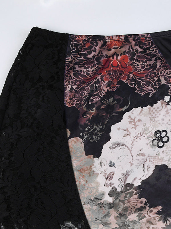 Dark Flower Print Splice Irregular Design Low Waist Midi Skirt