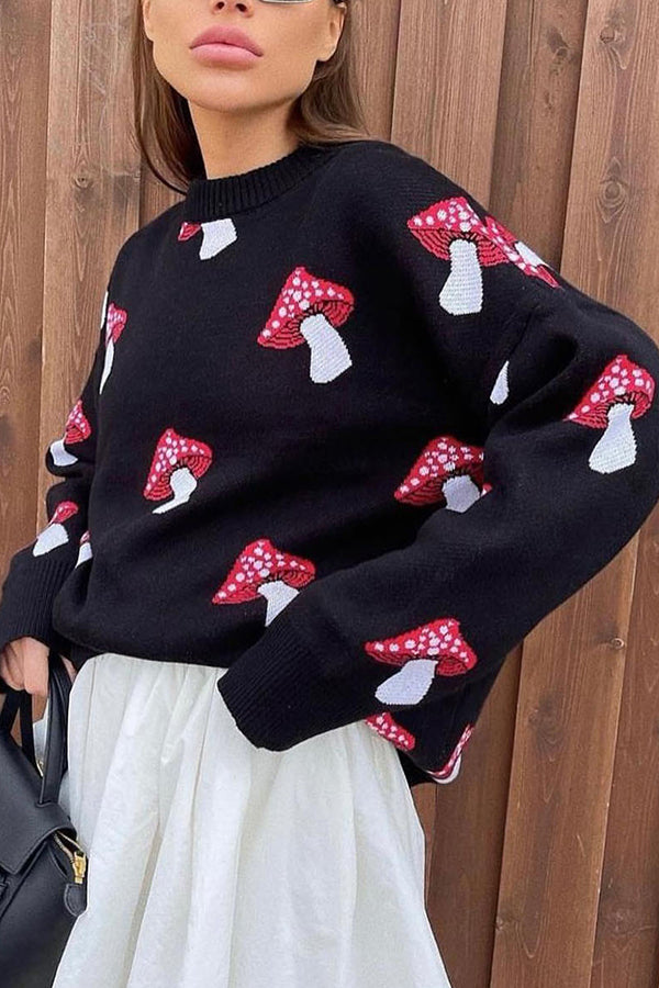 Mushroom Pattern Loose Round Neck Knitted Sweater
