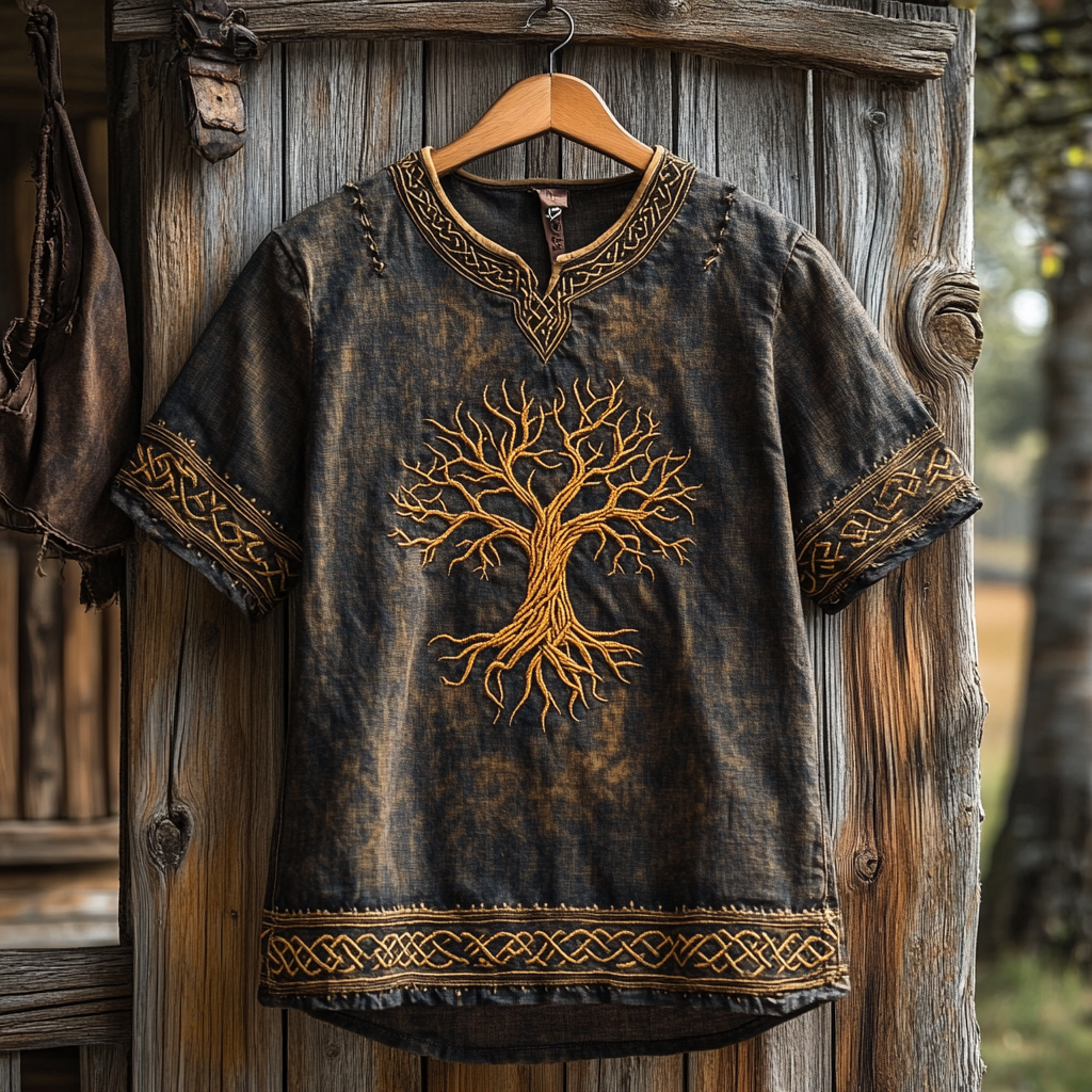 Men's Viking Tree Of Life Embroidery Linen Shirt elevenforest