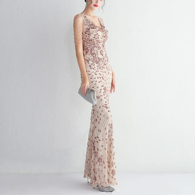 V-neck Sleeveless Dress With Stones and Crystals Sequins Tassel Party Dresses High Waisted Long Dress