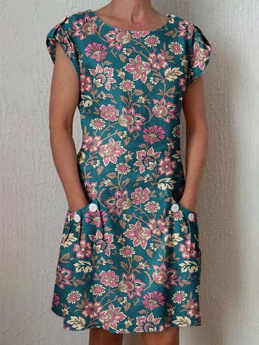 Women's Classic Floral Pattern Cotton and Linen Dress