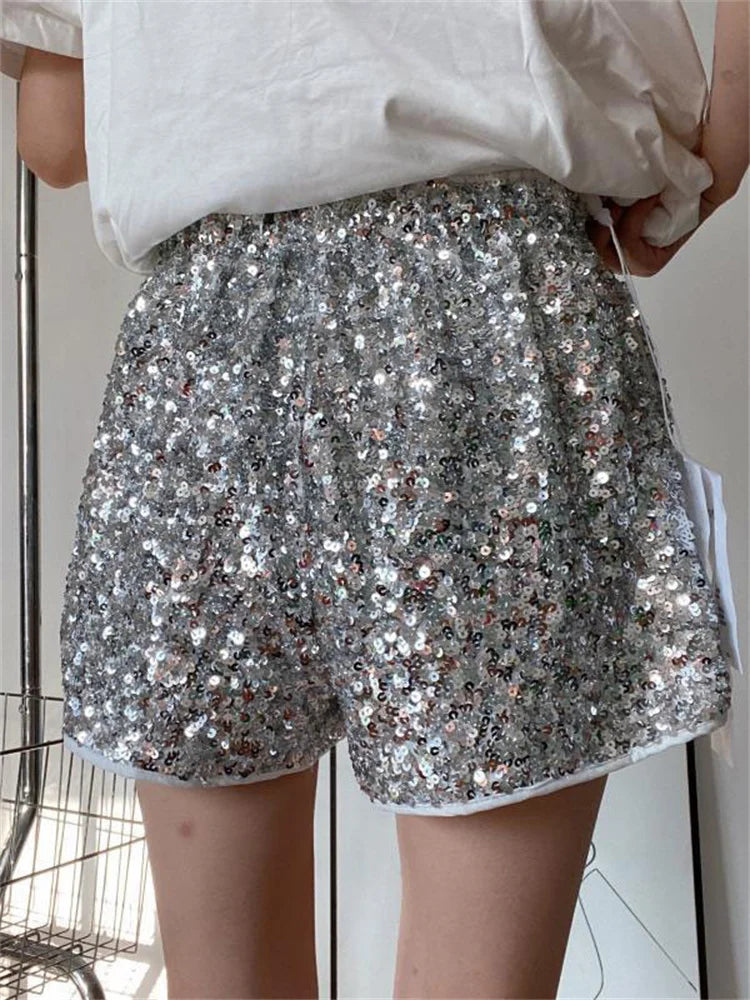 Sequin High Waist Patchwork Shorts for Summer Glitter Baggy Slim High Street Outfit Shorts Tracksuit