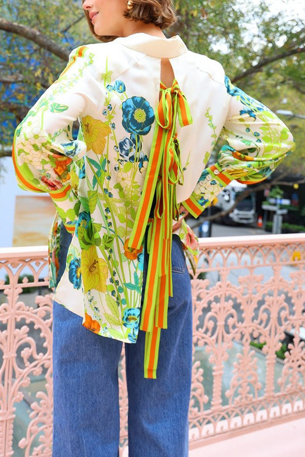 Antibes Satin Print Back Tie-up Button Down Oversized Blouse