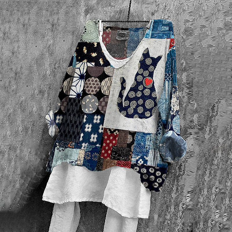 Japanese Cat And Floral Print V-neck T-shirt