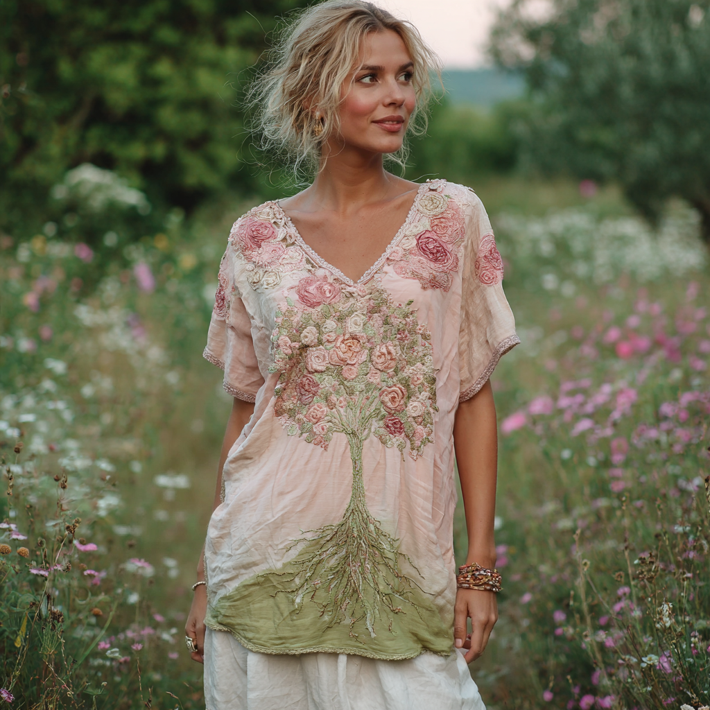 Vintage Tree Of Life Flowers V-neck T-shirt elevenforest