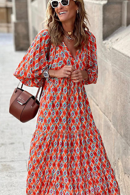 Fashionable Street Picnic Bubble Sleeve Layered Party Midi Dress