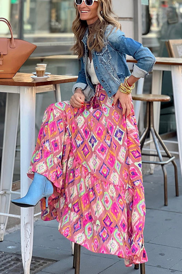 Courtyard Dreaming Print Elastic Waist Tassel Maxi Skirt